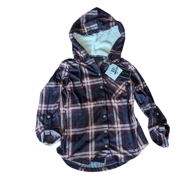 Twilight Vibes Plaid Button Up Grunge  Hoodie Roll Tab sleeve top NWT sz XS - Picture 2 of 11
